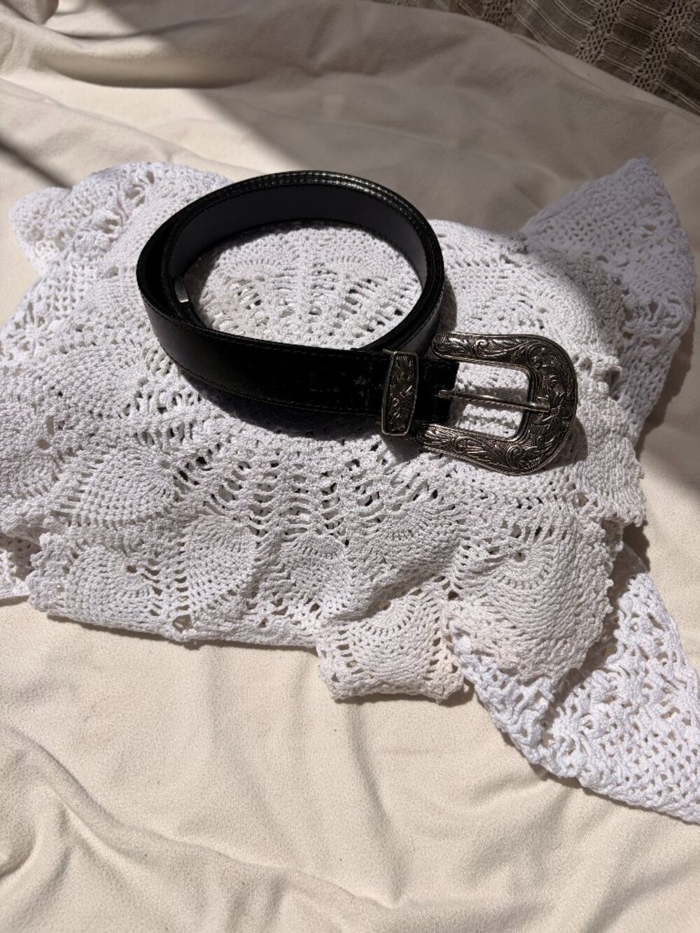 Vintage 80s Black Leather Western Belt S Silver Floral Buckle Cowgirl 36"